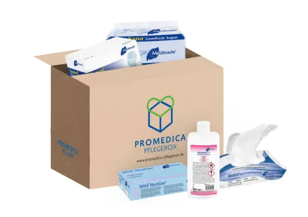 Der Inhalt der Pflegebox: Handschuhe, Desinfektionstücher, Handdesinfektionsmittel und Masken.