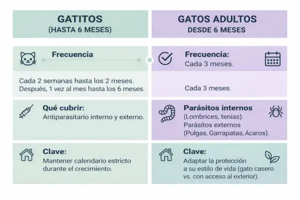 Guía para saber como desparasitar a un gato: frecuencia y tipos de parásitos según edad.