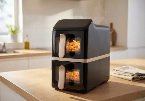 Czarny, dwupoziomowy air fryer z frytkami i łososiem w środku. To najlepszy air fryer do szybkiego przygotowania posiłków.