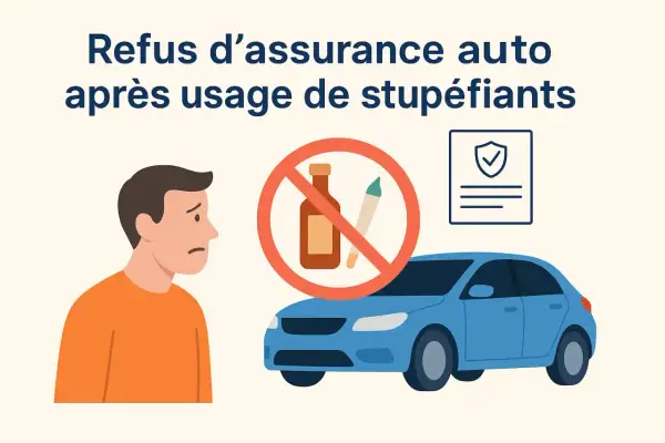 Un homme triste regarde sa voiture bleue, symbolisant le refus d'assurance auto après usage de stupéfiants.