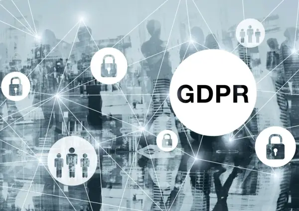 GDPR - cyfrowe postanowienie o ochronie danych osobowych. Ikony ludzi i kłódek symbolizują bezpieczeństwo i prywatność w sieci.