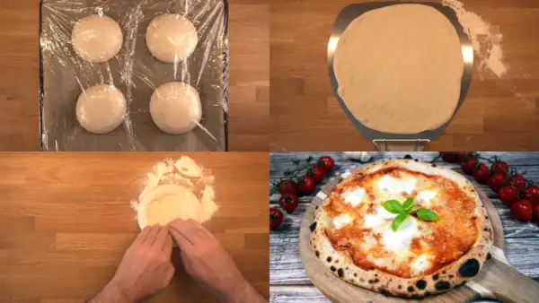 Pizzadeg som jäser, formas och bakas till en Margherita med olivolja.