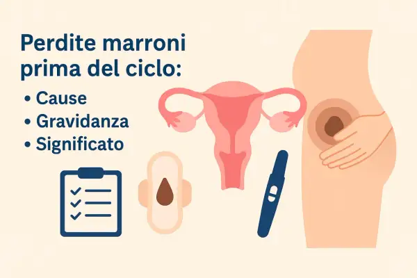 Illustration of uterus, pregnancy test, pad with brown spot, checklist, and pregnant belly.