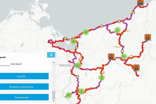 Mapa z zaznaczoną trasą rowerową pojezierzy zachodnich, z punktami widokowymi i atrakcjami turystycznymi.