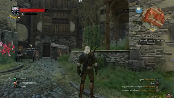 Geralt w arcymistrzowskim rynsztunku kota stoi na kamiennej ścieżce przed kamienno-drewnianym budynkiem.