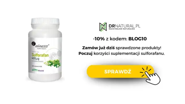 Białe opakowanie suplementu diety Aliness Sulforafan 400µg z kiełków brokułu. Poczuj korzyści suplementacji sulforafanu.