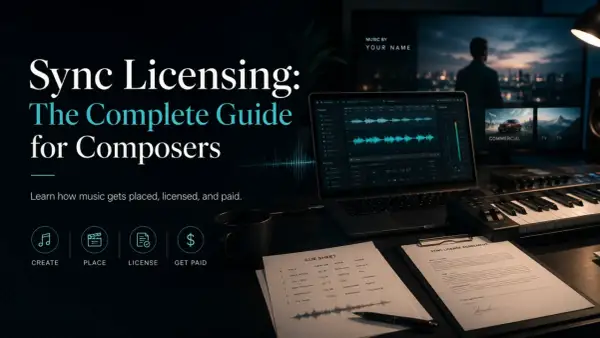 A composer's guide to sync licensing, showing a studio setup with a laptop displaying audio software, a keyboard, and contracts. Learn what is a sync.