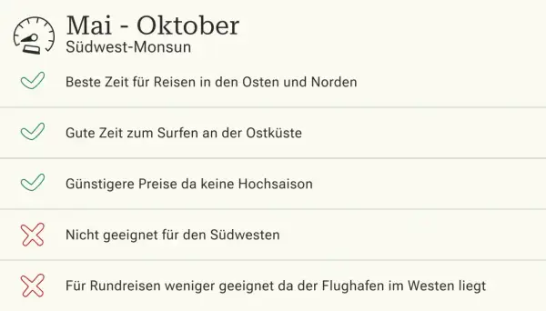 Mai-Oktober: Südwest-Monsun auf Sri Lanka. Gut für Reisen in den Osten/Norden, Surfen an der Ostküste, günstig. Südwesten und Rundreisen weniger ideal.