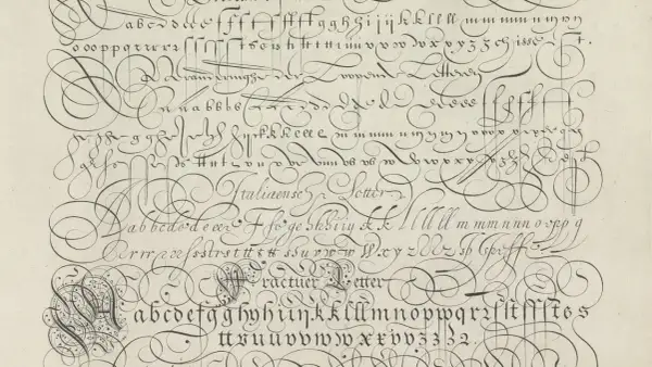 A page of elaborate, decorative cursive script, showcasing the alphabet and various letter combinations. This is a masterclass in penmanship, ever so elegant.