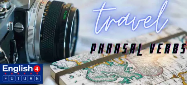 Cámara y cuaderno con mapa para aprender phrasal verbs de travel. ¡Prepara tu próxima aventura!