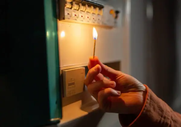 Mano con fiammifero acceso vicino al quadro elettrico, per capire cosa fare se salta la corrente.
