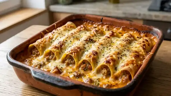Cannellonis farcis à la viande, gratinés au fromage fondant, prêts pour la cuisson. Un délice à savourer.