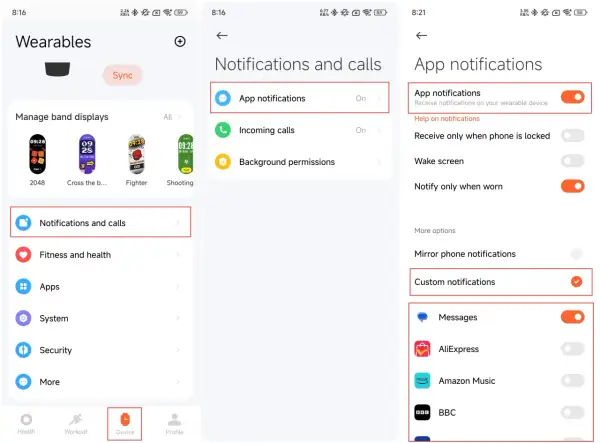 Jak włączyć powiadomienia z Messengera na opasce? Wejdź w "Powiadomienia i połączenia", potem "Powiadomienia aplikacji" i włącz "Wiadomości".