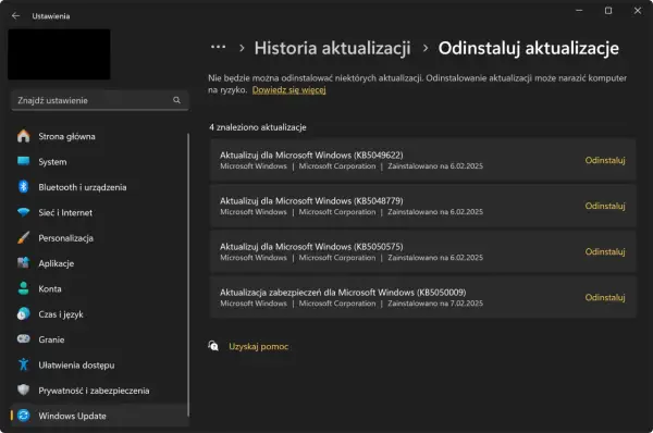 Ekran "Odinstaluj aktualizacje" w Ustawieniach Windows. Widzisz listę zainstalowanych aktualizacji, z opcją "Odinstaluj", co pozwala cofnąć aktualizację.