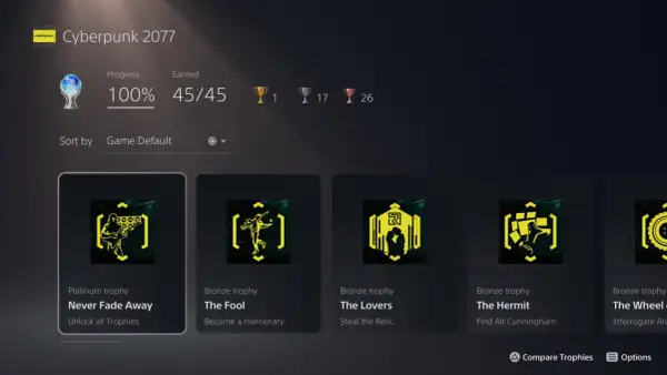 Cyberpunk 2077 trofea: 100% ukończenia, platynowe "Never Fade Away" i wiele innych.