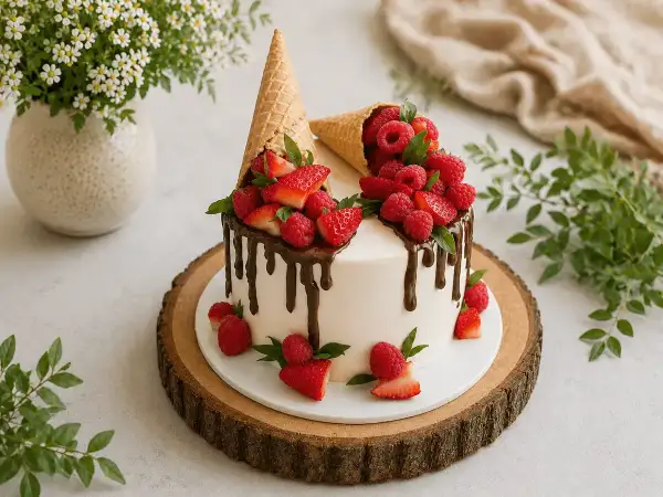 Eine moderne Erdbeertorte mit Schokoladenglasur, gefüllt mit frischen Erdbeeren und Himbeeren in Eiswaffeln.