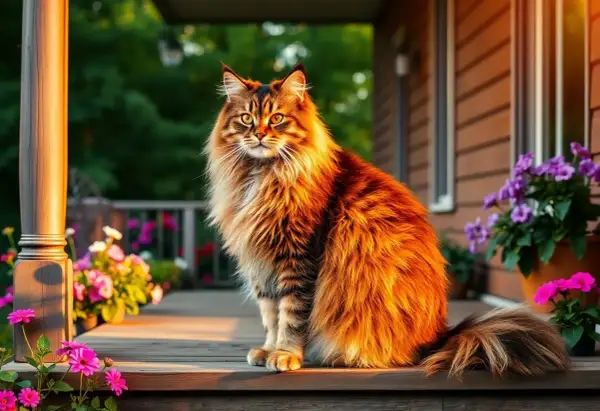 Majestatyczny maine coon o rudym futrze siedzi na werandzie, otoczony kwitnącymi kwiatami.