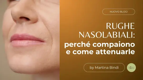 Primo piano del viso con labbra e naso, evidenziando le rughe nasolabiali. Articolo su come attenuarle.