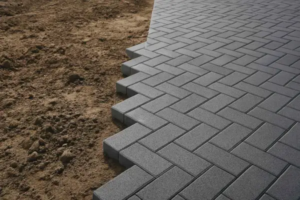 Posa di autobloccanti per esterno in grigio, con un motivo a spina di pesce, che si estendono su un terreno sabbioso.