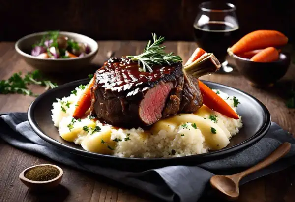 Un succulent jarret de boeuf, nappé de sauce, servi sur une purée onctueuse, accompagné de carottes et d'une touche de romarin.