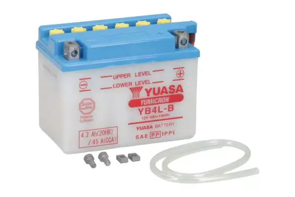 Akumulator Yuasa YB4L-B 12V 4Ah, idealny jako akumulator do skutera 50 2t. W zestawie śruby i wężyk.