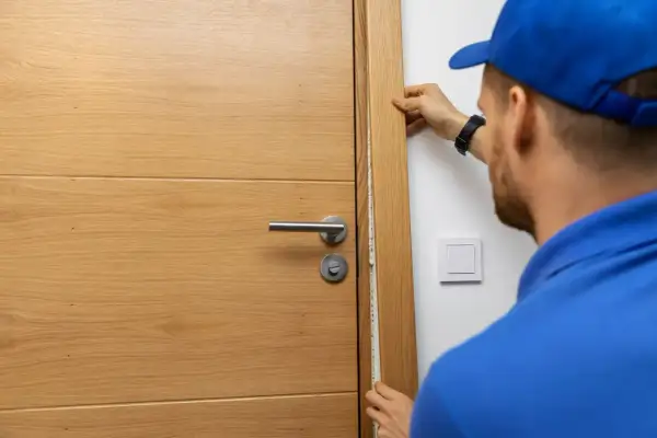 Un homme en casquette bleue ajuste le chant de porte en bois, mesurant l'espace pour une isolation parfaite.