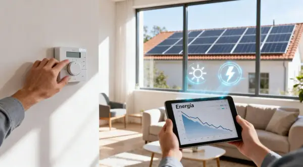 Persona ajusta termostato mientras tablet muestra gráfico de energía y paneles solares en tejado, indicando gestión de excedentes PVPC.