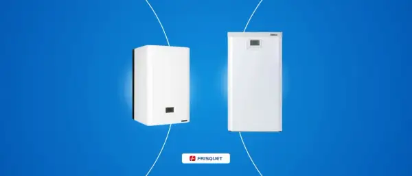 Deux chaudières Frisquet, l'une compacte, l'autre plus haute, sur fond bleu. Avis sur la chaudière Frisquet : efficacité et design.