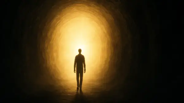 Silueta de una persona caminando hacia una luz brillante en un túnel, evocando experiencias cercanas a la muerte.