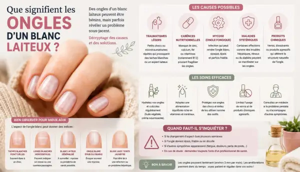 Ongles d'un blanc laiteux : causes possibles (traumatismes, carences, mycoses, maladies, produits chimiques) et soins.