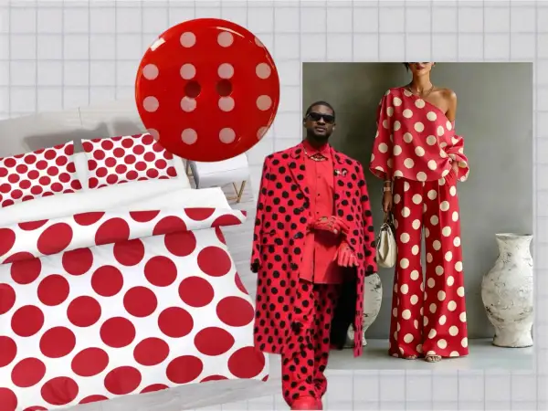 A bold red and white polka dot theme, from bedding to fashion, showcasing the playful polka dot meaning.