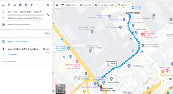 Trasa piesza w Neapolu, z San Pietro a Patierno do Maddalena - Aeropoto Civile, zajmuje 10 minut.