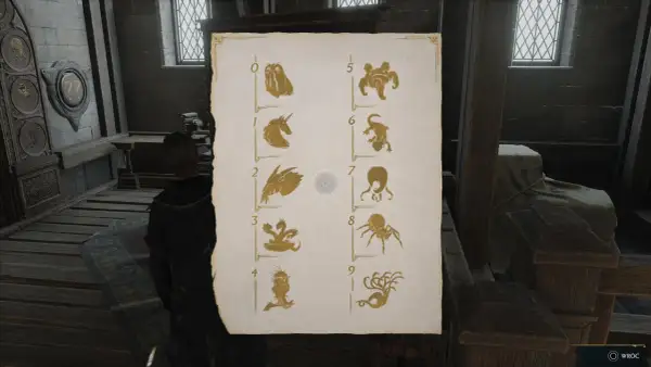 Rozwiązujesz zagadkę w Hogwarts Legacy, analizując symbole stworzeń od 0 do 9.