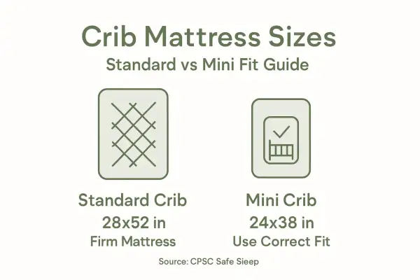 Comparison of crib mattress sizes: standard crib 28x52 in firm mattress vs. mini crib 24x38 in.