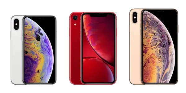Trzy telefony iPhone: biały, czerwony i złoty. Złoty iPhone XS Max ma wymiary idealne do dłoni.