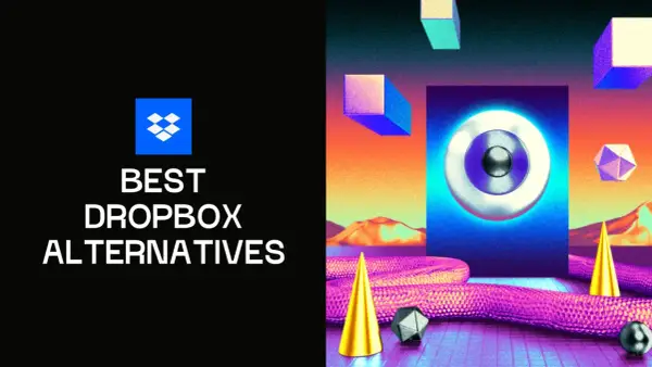 Discover the best encrypted Dropbox alternatives. Explore secure cloud storage options with this vibrant, abstract graphic featuring geometric shapes and a retro-futuristic landscape.