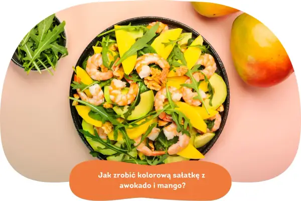 Kolorowa sałatka z awokado, krewetkami, mango i rukolą. Idealna na lekki posiłek.