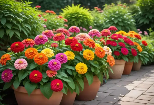 En rad krukor fyllda med färgglada zinnia i olika nyanser av rosa, rött, orange och gult. Det är svårt att säga exakt hur många zinnia i en kruka, men de är tätt planterade.