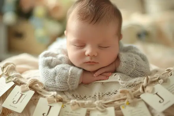 Un bébé endormi, le visage posé sur ses mains, porte un pull en maille. Des étiquettes avec la lettre "J" décorent le bord, suggérant un prénom en J.
