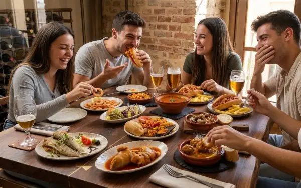 Amigos disfrutan de una ruta de tapas con variedad de platos: gambas, pescado, mejillones, albóndigas y más.