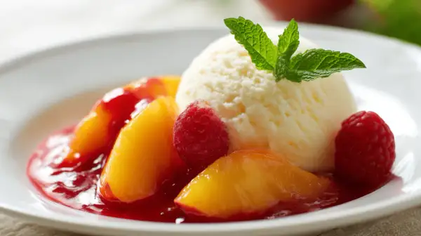 Ein klassischer Pfirsich Melba: Pfirsichspalten in rotem Beerensirup, garniert mit einer Kugel Vanilleeis, frischen Himbeeren und Minze.