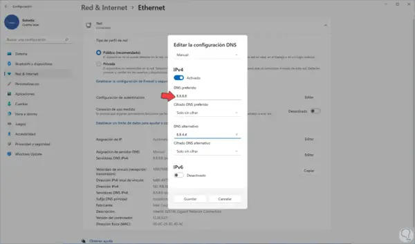 Ventana de Windows 11 para cambiar DNS. Se muestra la configuración manual de DNS IPv4 con 8.8.8.8 como preferido.