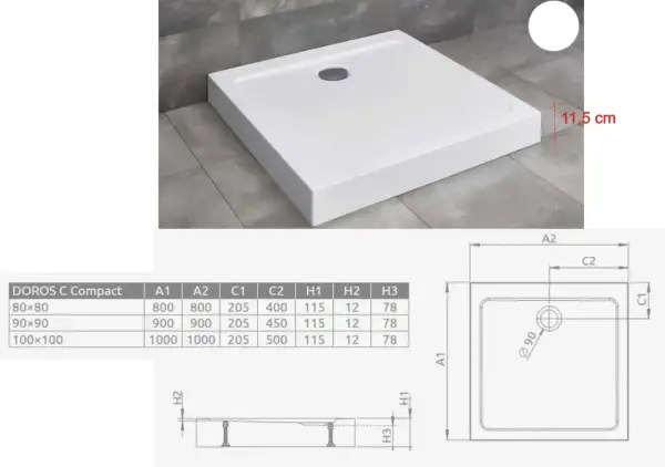 Niski brodzik prysznicowy DOROS C Compact, wymiary i schemat montażu. Wysokość 11,5 cm.
