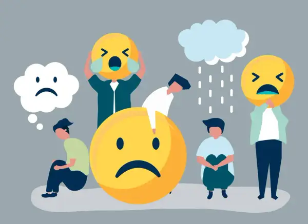 Ludzie z wielkimi, smutnymi emotikonami symbolizują trudności w opanowaniu emocji. Deszcz i chmury podkreślają przygnębienie.