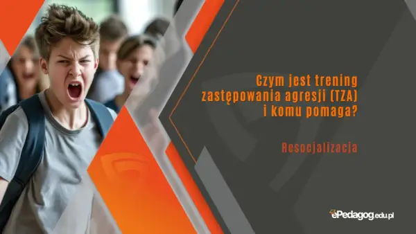 Chłopiec krzyczy, a obok niego inni uczniowie. Grafika promuje trening zastępowania agresji (TZA) i resocjalizację.