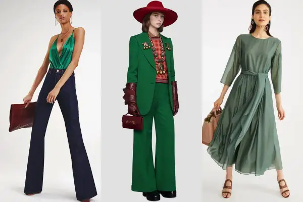 Tre donne indossano abiti eleganti in varie tonalità di verde, dal brillante verde militare al tenue verde salvia.