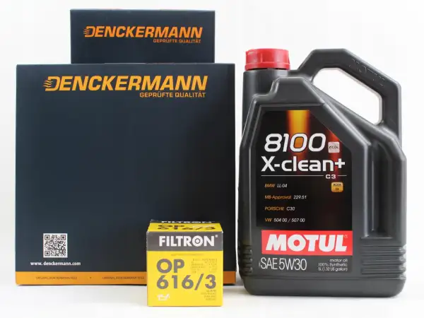 Kanister oleju Motul 5W30 5L, filtr oleju Filtron OP 616/3 i opakowania Denckermann.