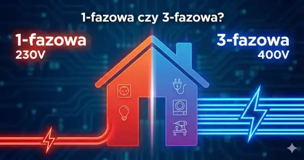 Dom podzielony na 1-fazową (230V) i 3-fazową (400V) instalację elektryczną. Wybór zależy od potrzeb.