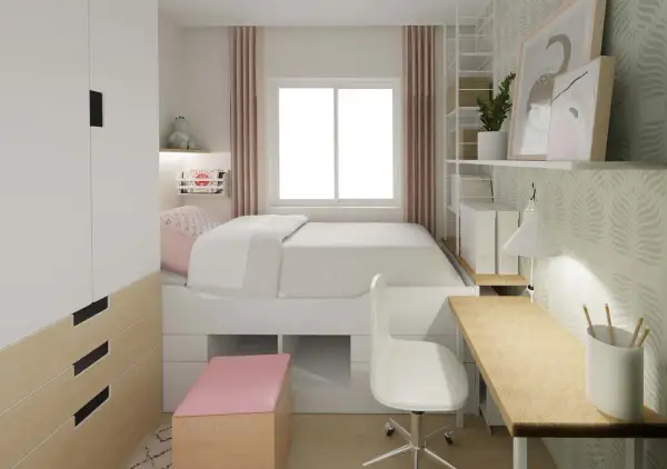 Clever 4 qm zimmer einrichten: Bett mit Stauraum, Schreibtisch, Schrank und Regal schaffen Platz.