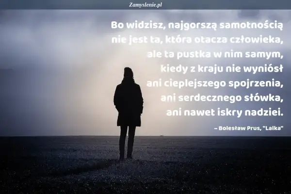 Samotna postać na pustkowiu, symbol typ samotnika. Cytat o pustce wewnętrznej.